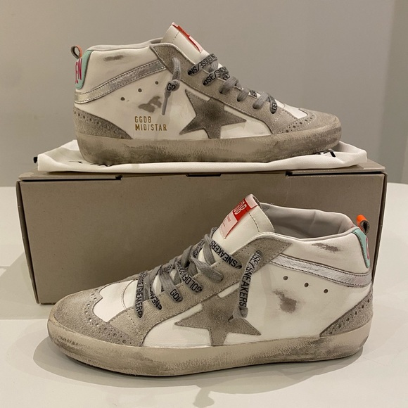 Golden Goose Mid Star Sneaker in White/Ice/Turquoise sz 38 New in Box - Picture 4 of 14